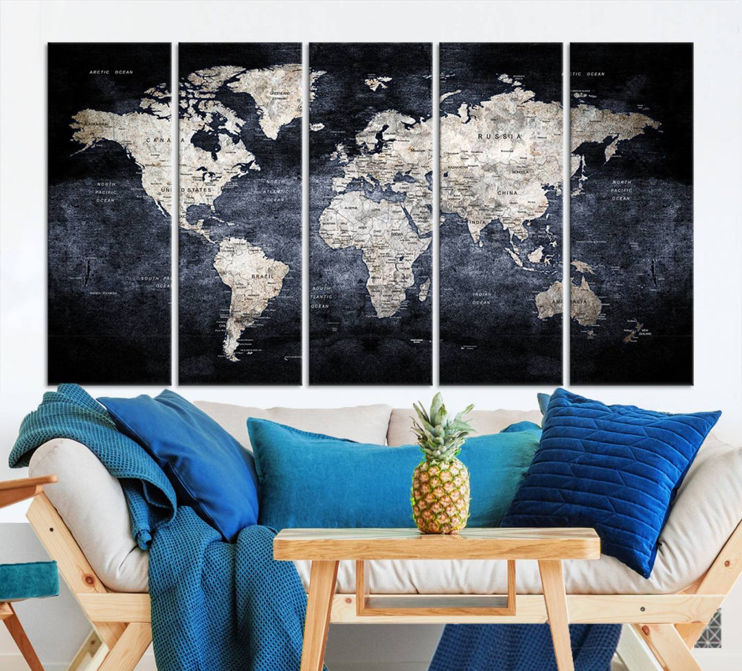 Grunge Black World Map Wall Art Canvas Print