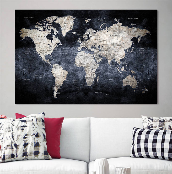 Grunge Black World Map Wall Art Canvas Print