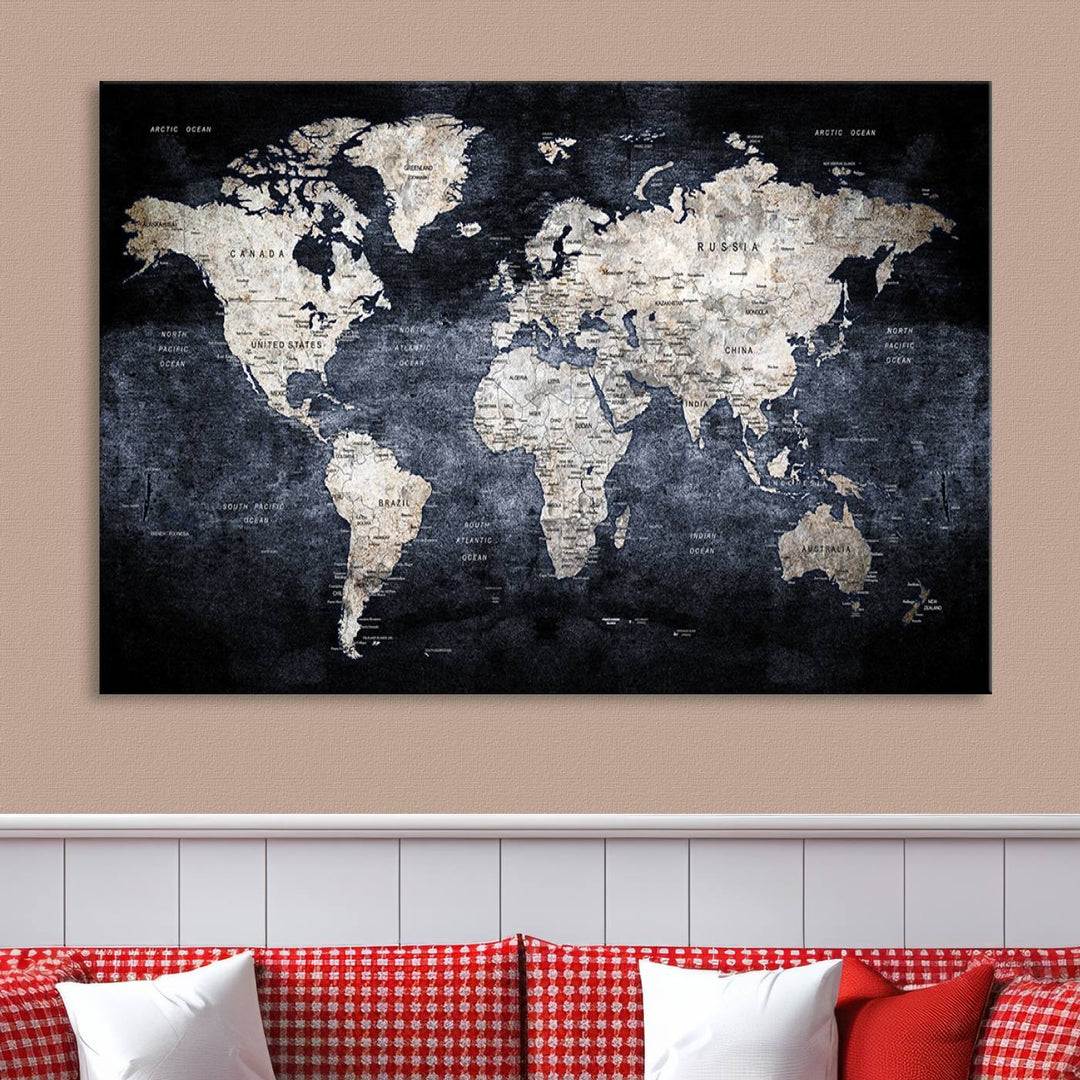 Grunge Black World Map Wall Art Canvas Print