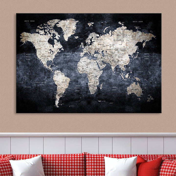 Grunge Black World Map Wall Art Canvas Print