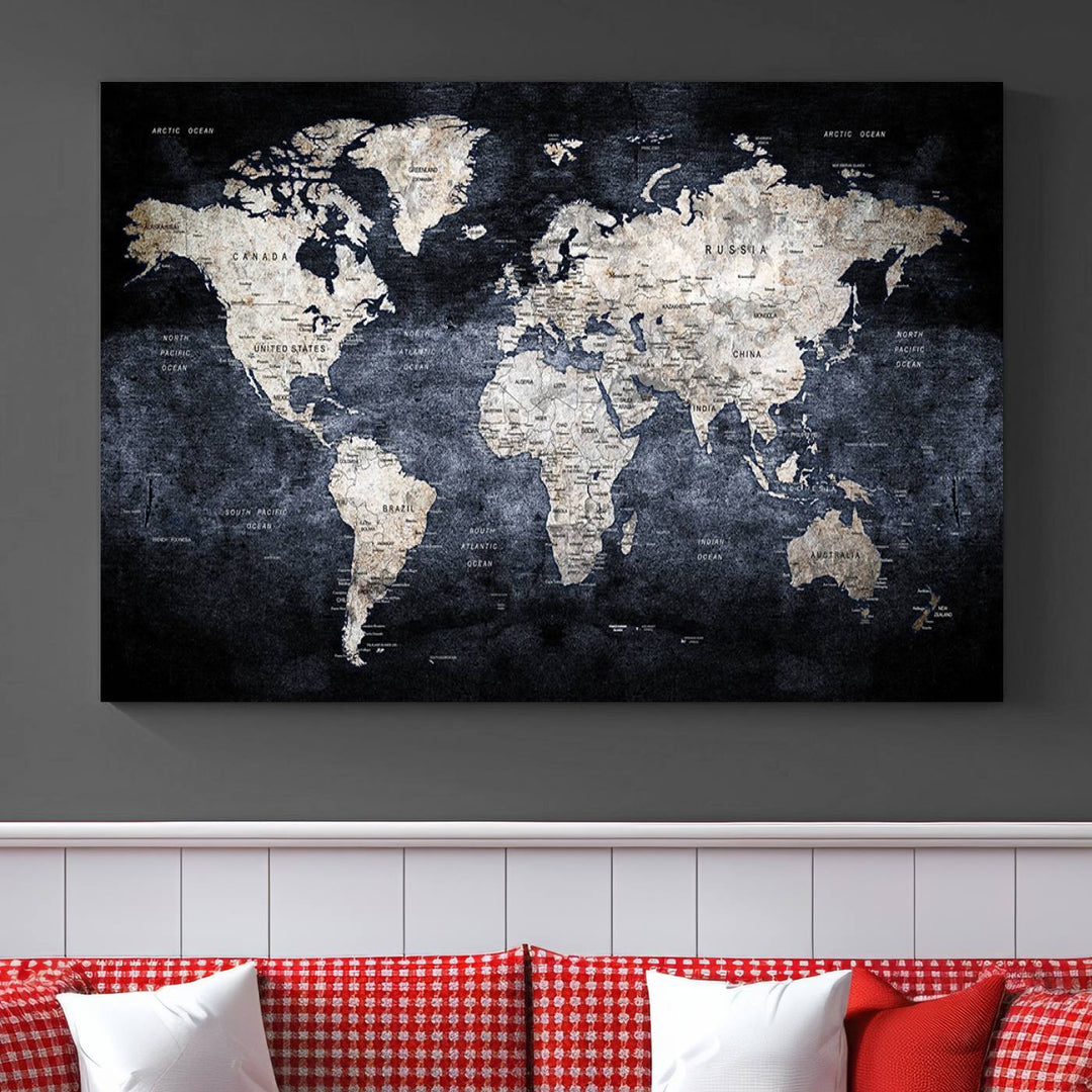 Grunge Black World Map Wall Art Canvas Print