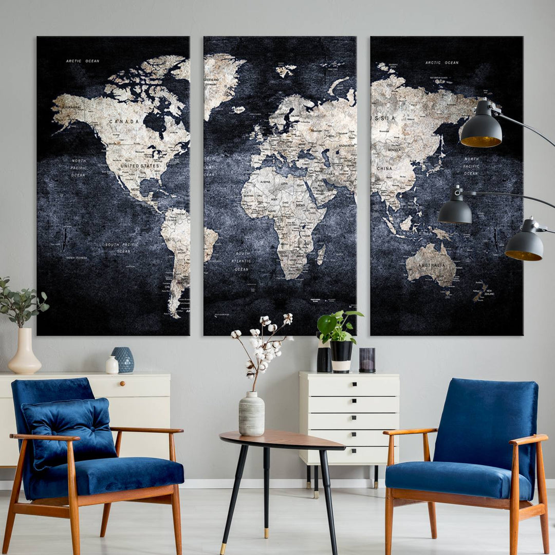 Grunge Black World Map Wall Art Canvas Print