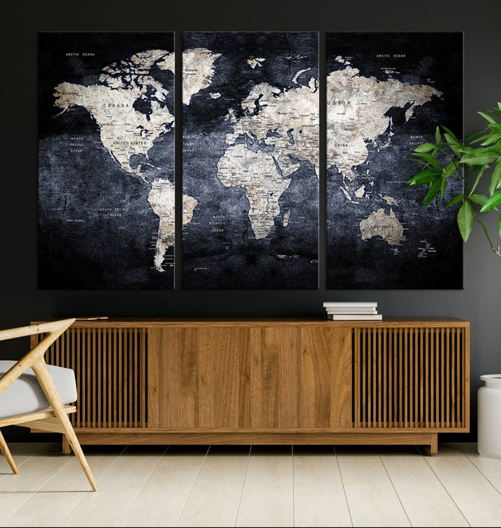 Grunge Black World Map Wall Art Canvas Print