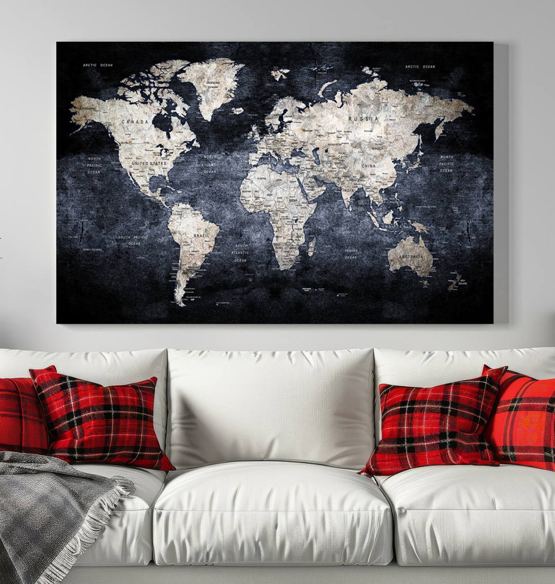 Grunge Black World Map Wall Art Canvas Print