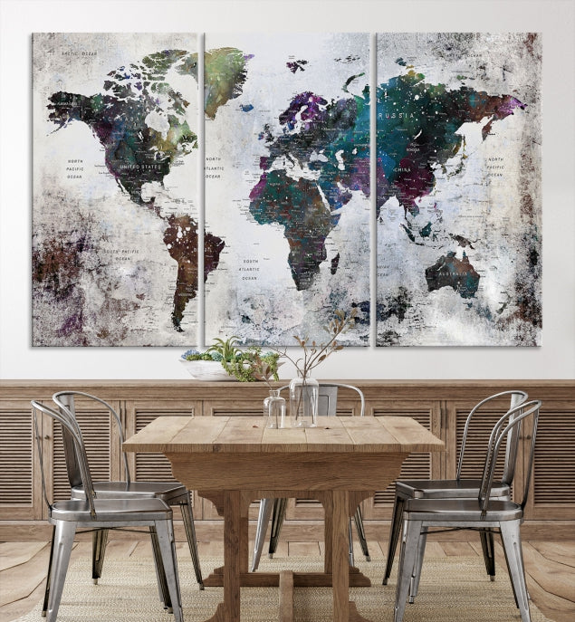 Grunge Large Watercolor World Map Wall Art Canvas Print