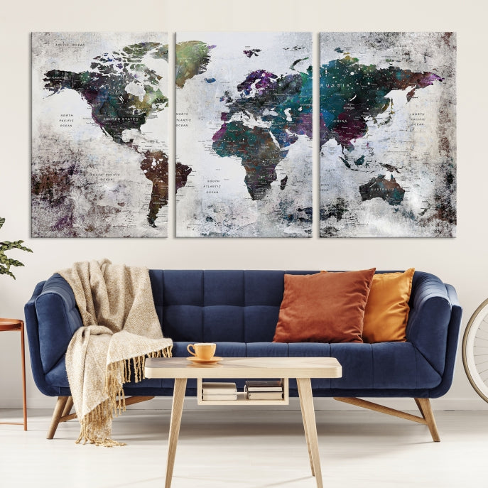 Grunge Large Watercolor World Map Wall Art Canvas Print