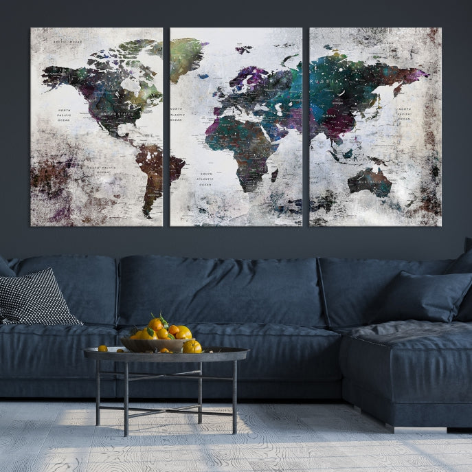 Grunge Large Watercolor World Map Wall Art Canvas Print