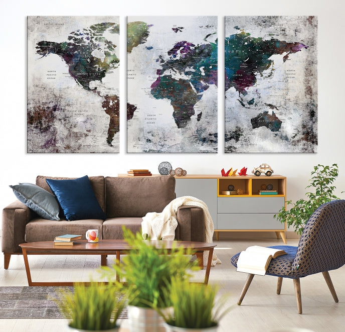 Grunge Large Watercolor World Map Wall Art Canvas Print