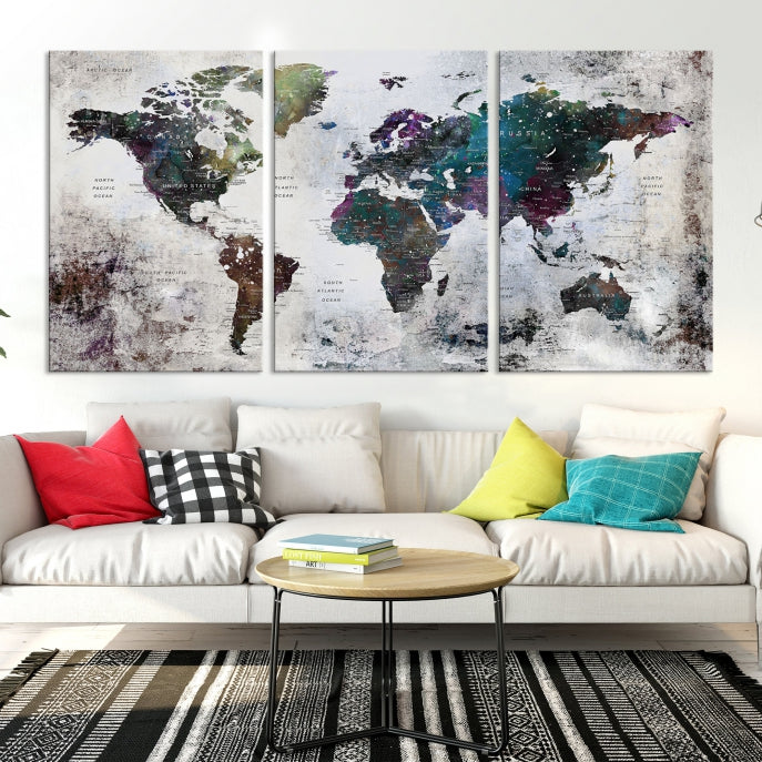 Grunge Large Watercolor World Map Wall Art Canvas Print