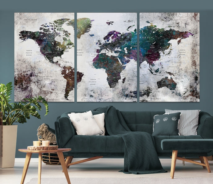 Grunge Large Watercolor World Map Wall Art Canvas Print