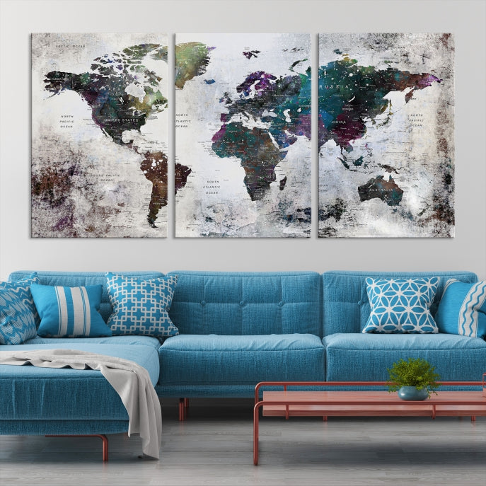 Grunge Large Watercolor World Map Wall Art Canvas Print