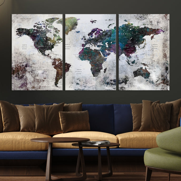 Grunge Large Watercolor World Map Wall Art Canvas Print