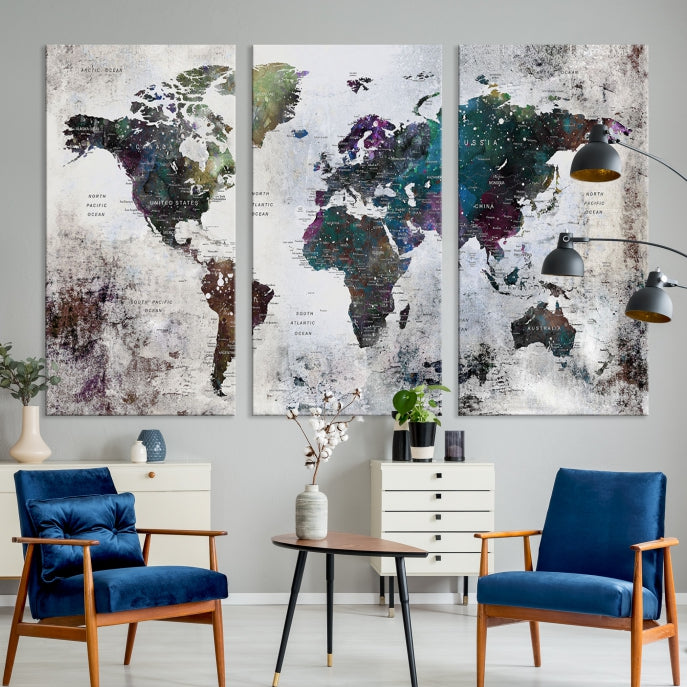 Grunge Large Watercolor World Map Wall Art Canvas Print