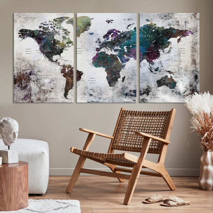 Grunge Large Watercolor World Map Wall Art Canvas Print