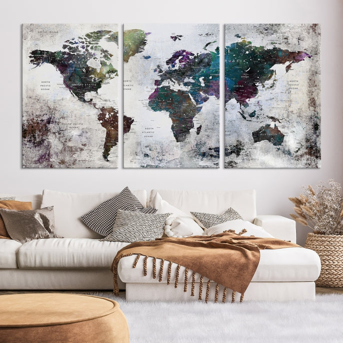 Grunge Large Watercolor World Map Wall Art Canvas Print