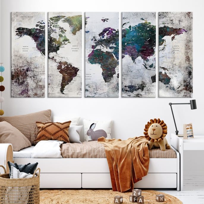 Grunge Large Watercolor World Map Wall Art Canvas Print