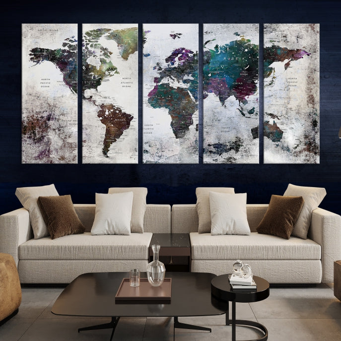 Grunge Large Watercolor World Map Wall Art Canvas Print