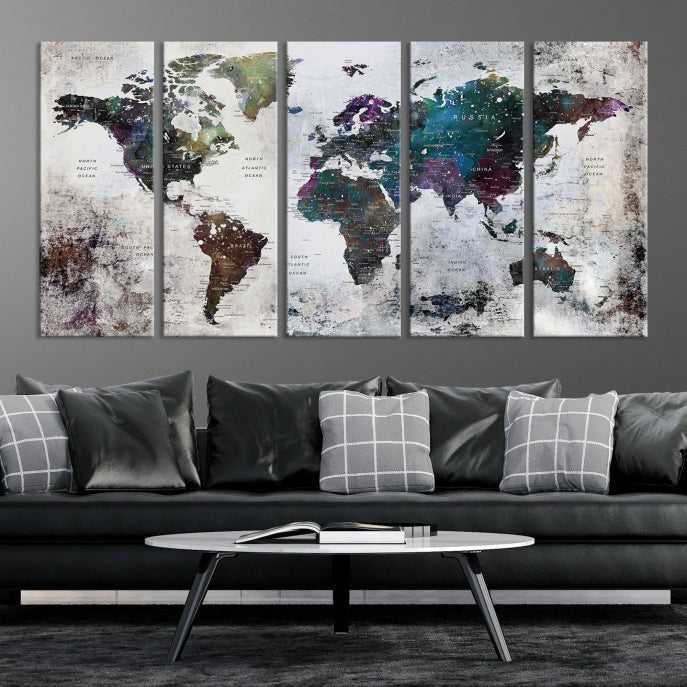 Grunge Large Watercolor World Map Wall Art Canvas Print