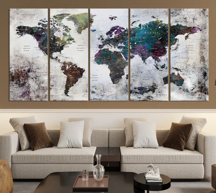 Grunge Large Watercolor World Map Wall Art Canvas Print