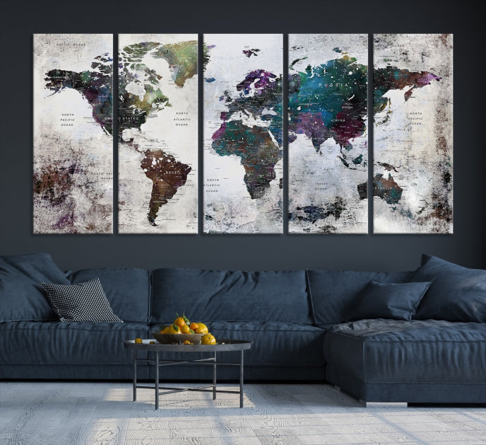 Grunge Large Watercolor World Map Wall Art Canvas Print