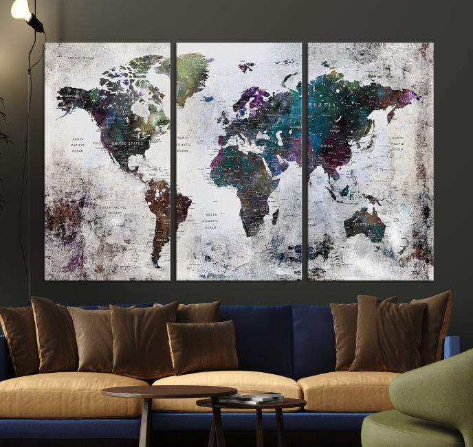 Grunge Large Watercolor World Map Wall Art Canvas Print