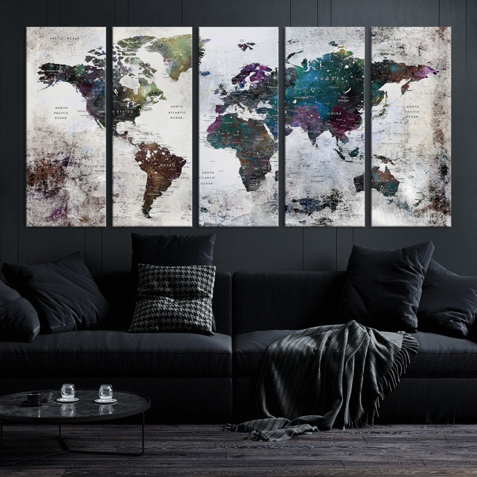 Grunge Large Watercolor World Map Wall Art Canvas Print