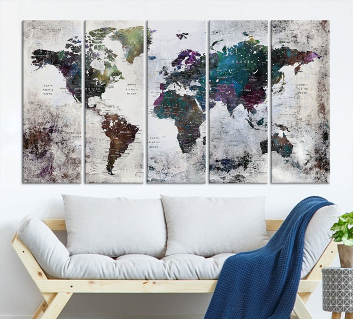 Grunge Large Watercolor World Map Wall Art Canvas Print