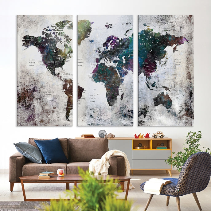 Grunge Large Watercolor World Map Wall Art Canvas Print