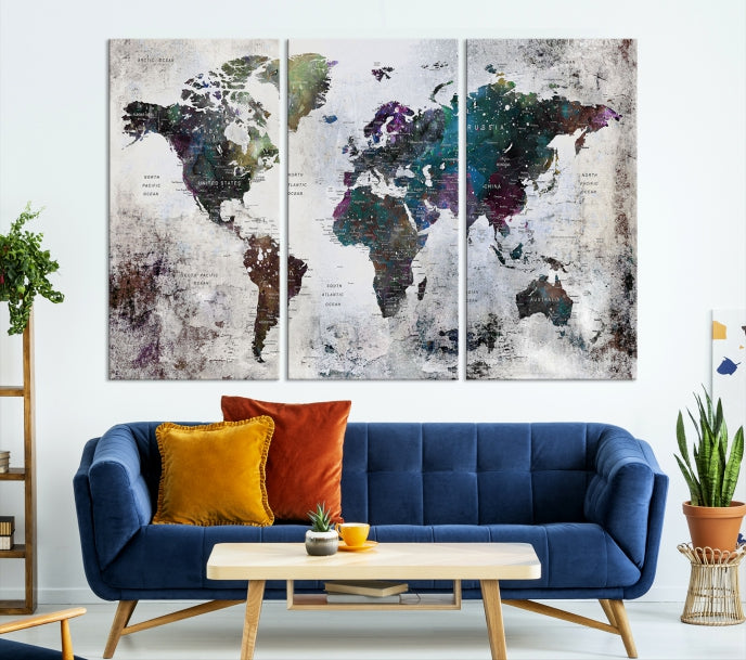 Grunge Large Watercolor World Map Wall Art Canvas Print