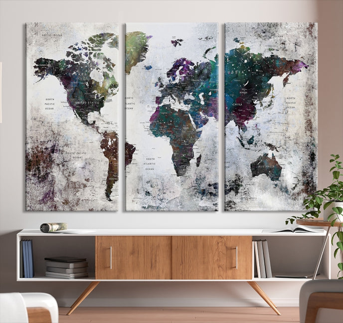 Grunge Large Watercolor World Map Wall Art Canvas Print