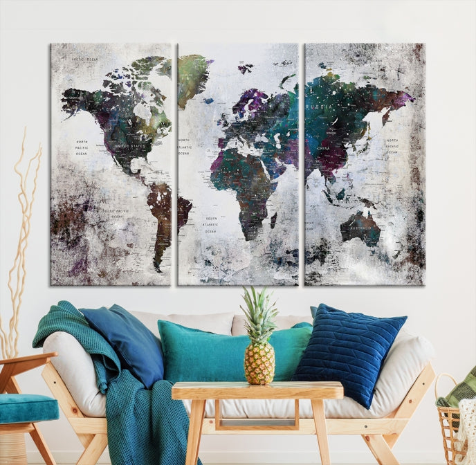 Grunge Large Watercolor World Map Wall Art Canvas Print