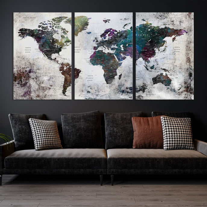 Grunge Large Watercolor World Map Wall Art Canvas Print