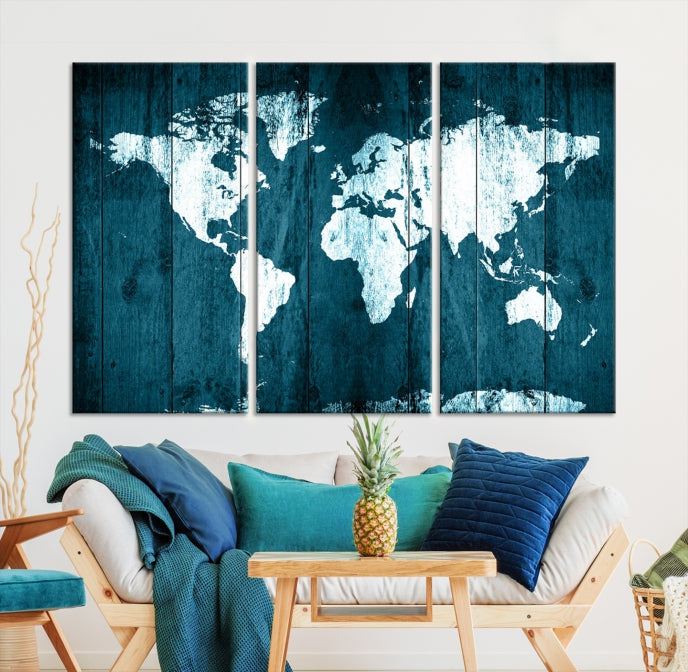 Grunge White Blue World Map on Canvas Wall Art Framed Print