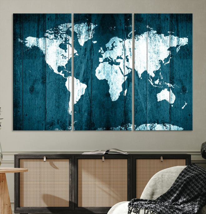 Grunge White Blue World Map on Canvas Wall Art Framed Print