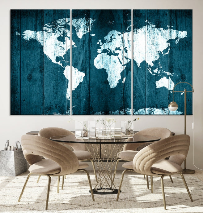 Grunge White Blue World Map on Canvas Wall Art Framed Print