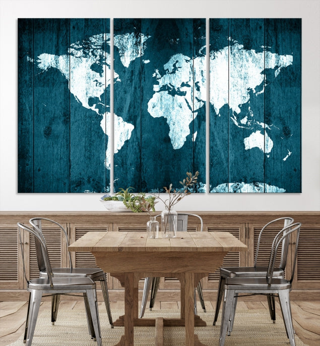 Grunge White Blue World Map on Canvas Wall Art Framed Print