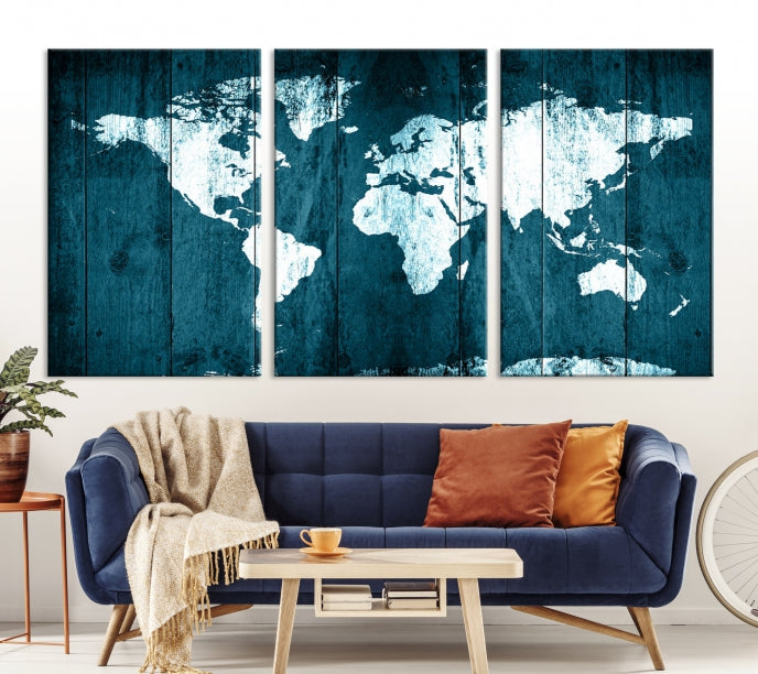 Grunge White Blue World Map on Canvas Wall Art Framed Print