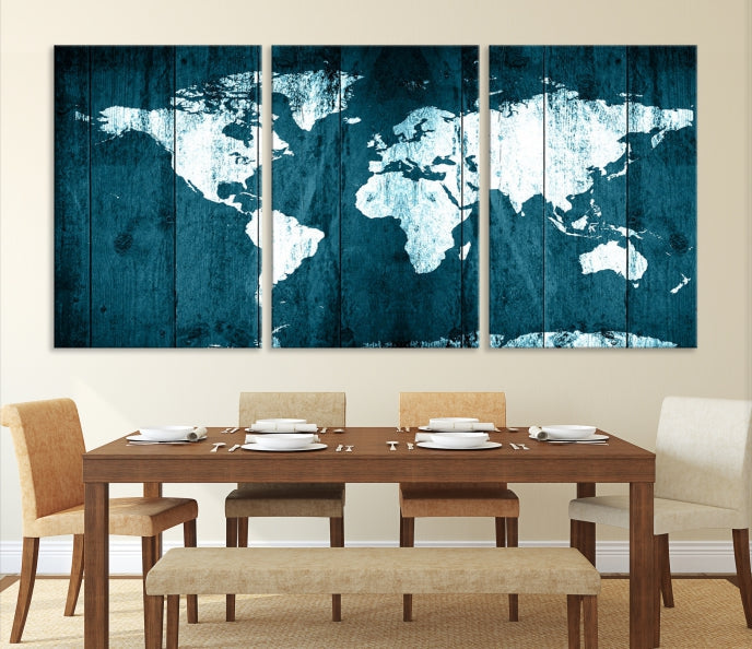 Grunge White Blue World Map on Canvas Wall Art Framed Print