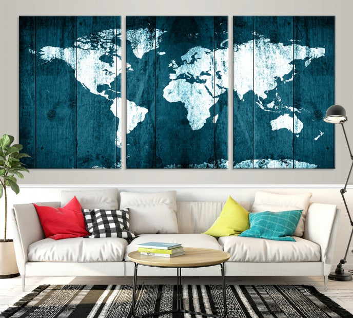 Grunge White Blue World Map on Canvas Wall Art Framed Print