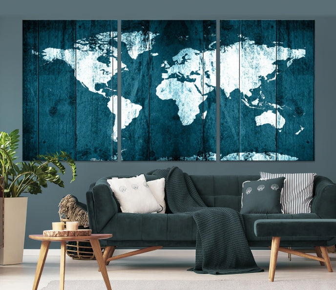 Grunge White Blue World Map on Canvas Wall Art Framed Print