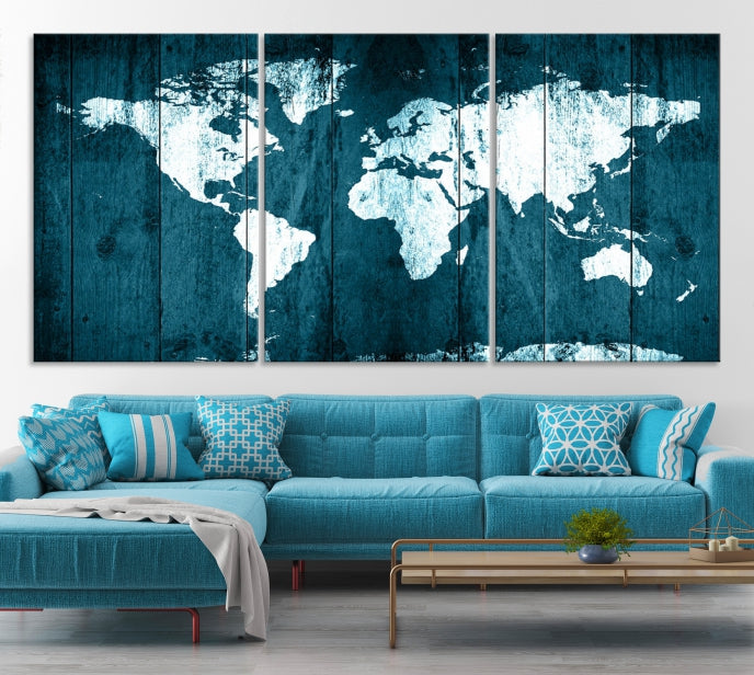 Grunge White Blue World Map on Canvas Wall Art Framed Print