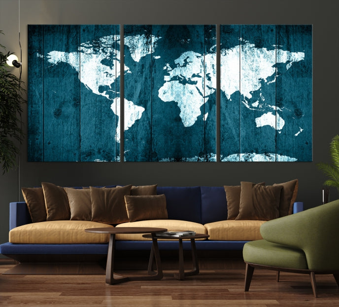 Grunge White Blue World Map on Canvas Wall Art Framed Print