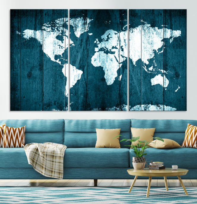 Grunge White Blue World Map on Canvas Wall Art Framed Print