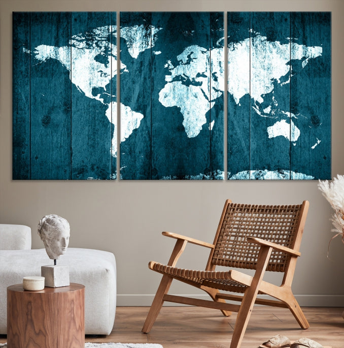 Grunge White Blue World Map on Canvas Wall Art Framed Print