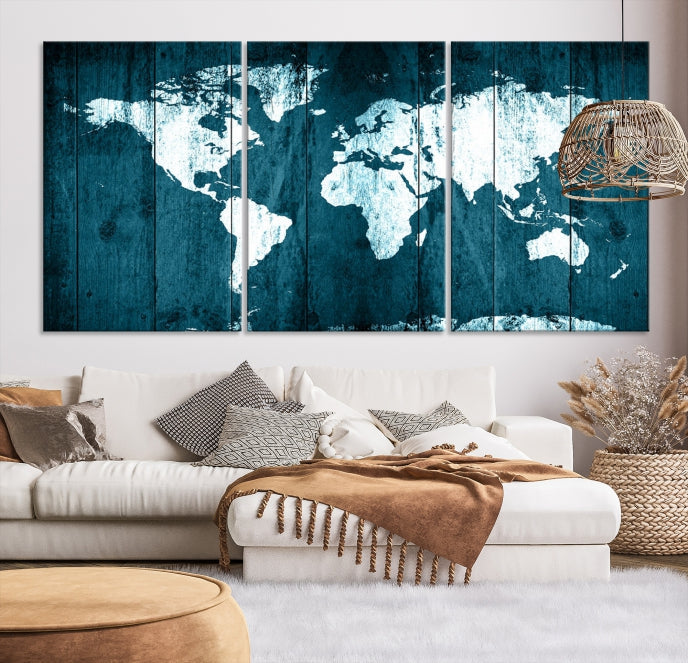 Grunge White Blue World Map on Canvas Wall Art Framed Print