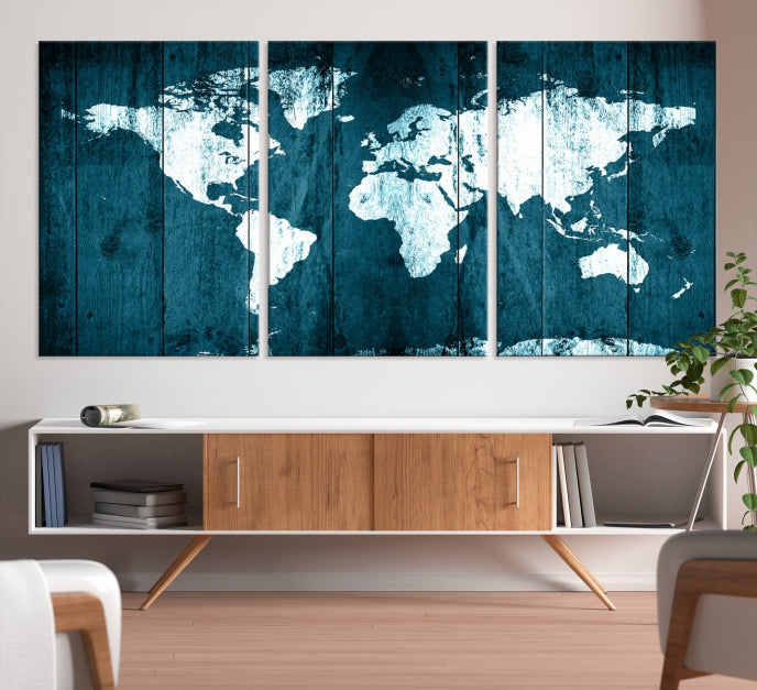 Grunge White Blue World Map on Canvas Wall Art Framed Print