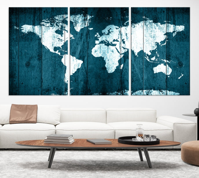 Grunge White Blue World Map on Canvas Wall Art Framed Print