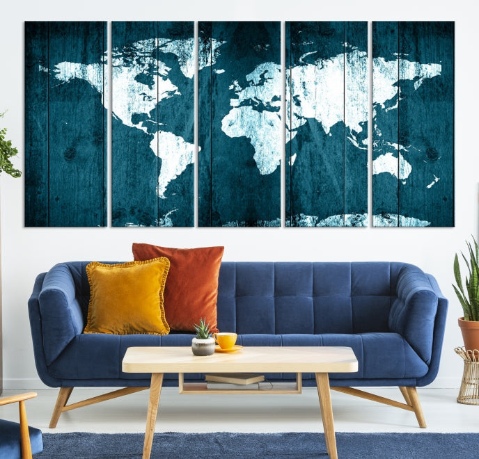 Grunge White Blue World Map on Canvas Wall Art Framed Print