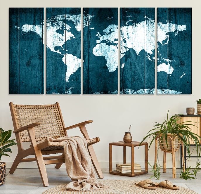 Grunge White Blue World Map on Canvas Wall Art Framed Print