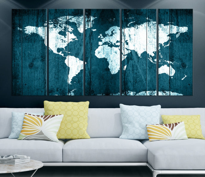 Grunge White Blue World Map on Canvas Wall Art Framed Print